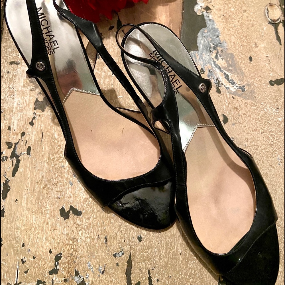 Michael Kors black patent leather peep toe heels